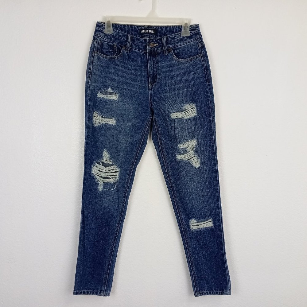 Blue Spice Womens Distressed Skinny Jeans Size 3 Juniors 100% Cotton Medium Wash